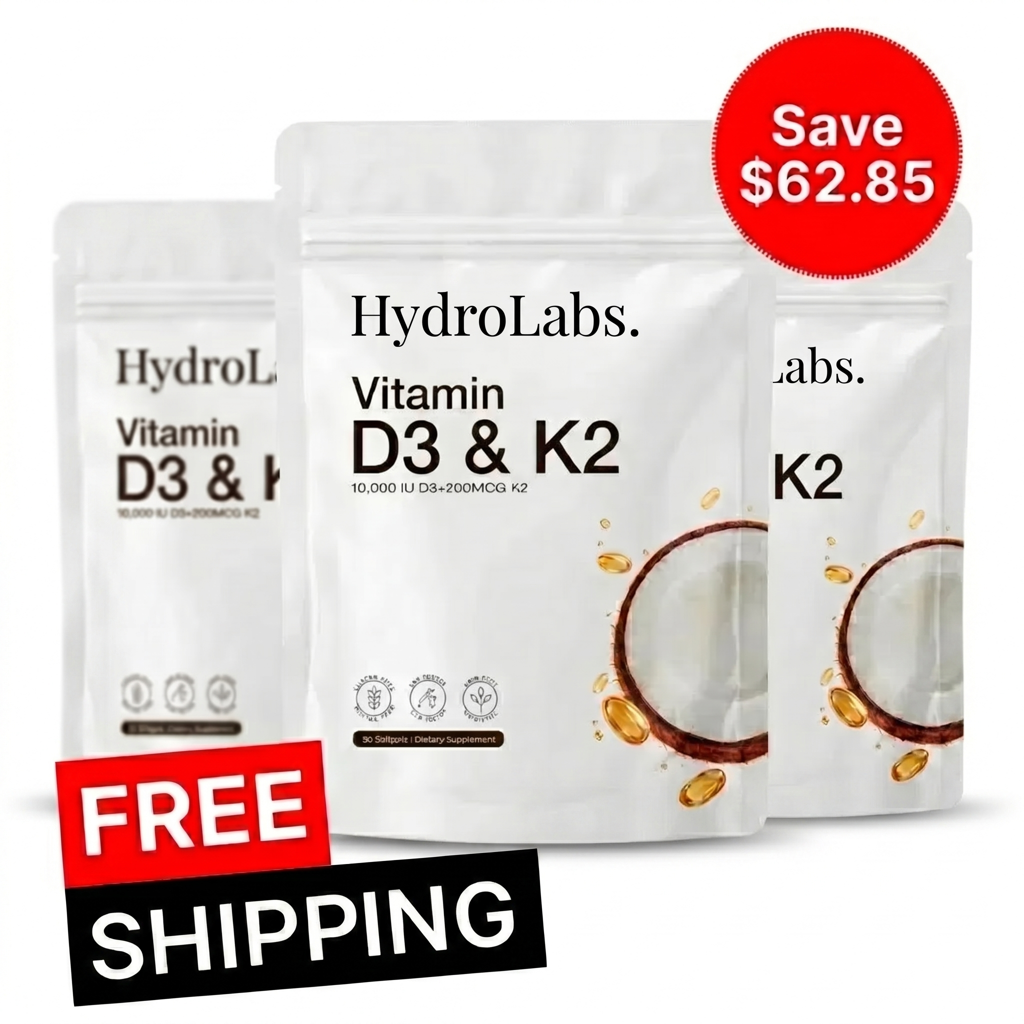 HydroLabs Vitamin D3+K2 — 3 Pouches (90-day supply)